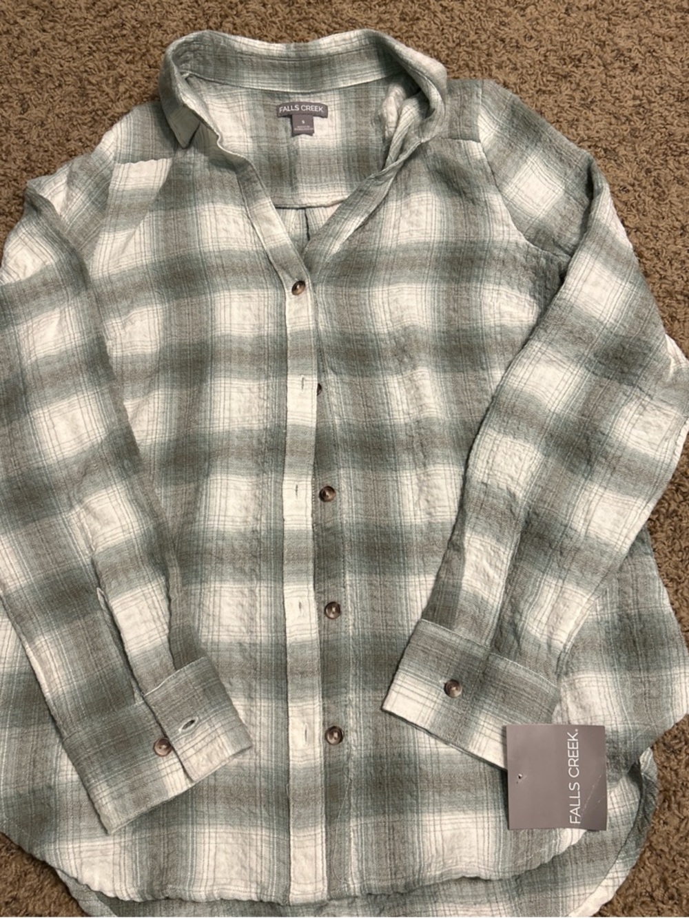 Falls Creek Sage Green and White Plaid Button-Down Shirt